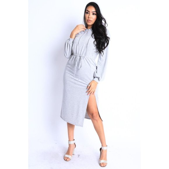 Women's Long Sleeves Side Slit Hooded Casual Dress S M L Gray Dress - Picture 2 of 9